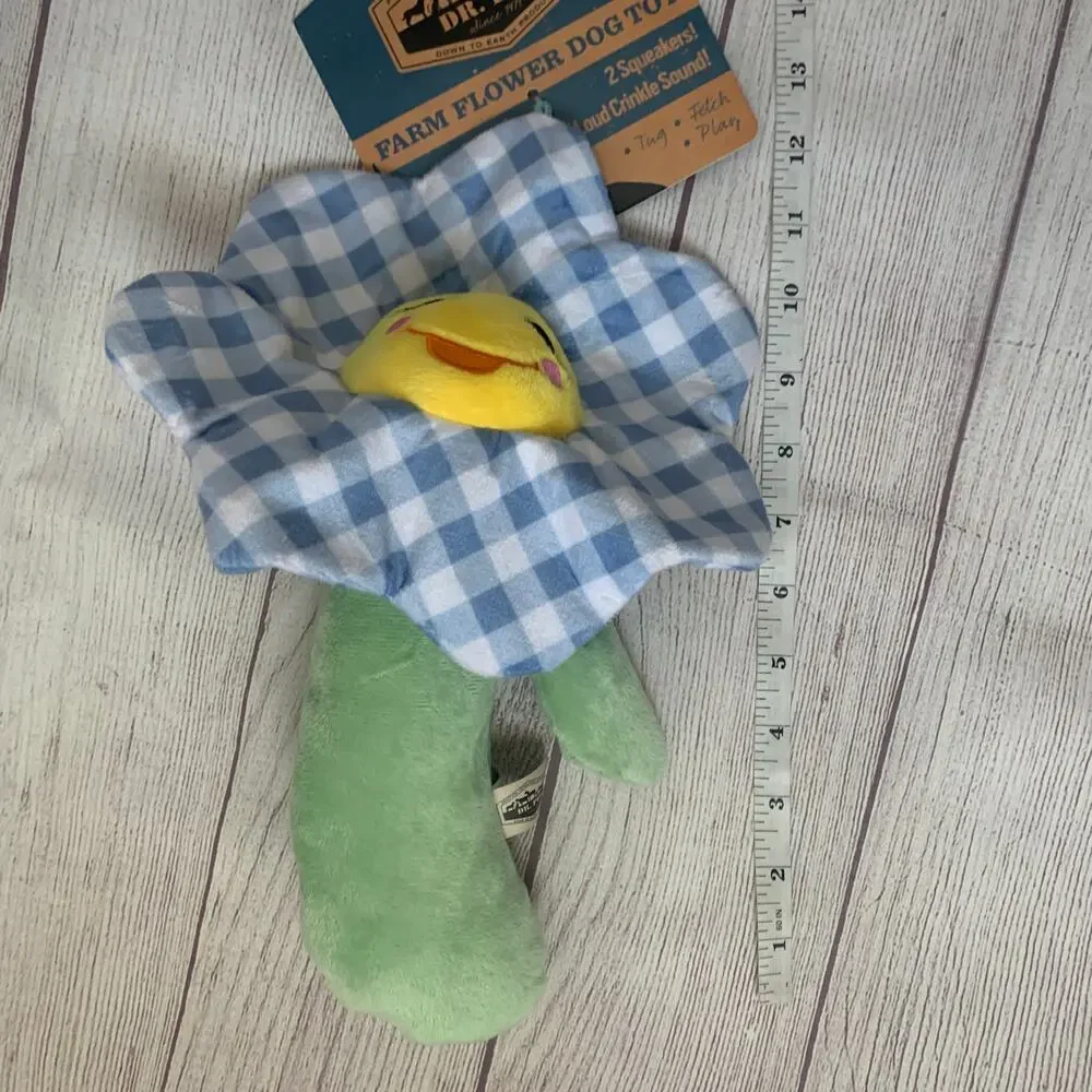 Dr. Pol Farm Flower Dog Toy Blue Gingham Plaid 2 Squeakers Crinkle 12 1/2